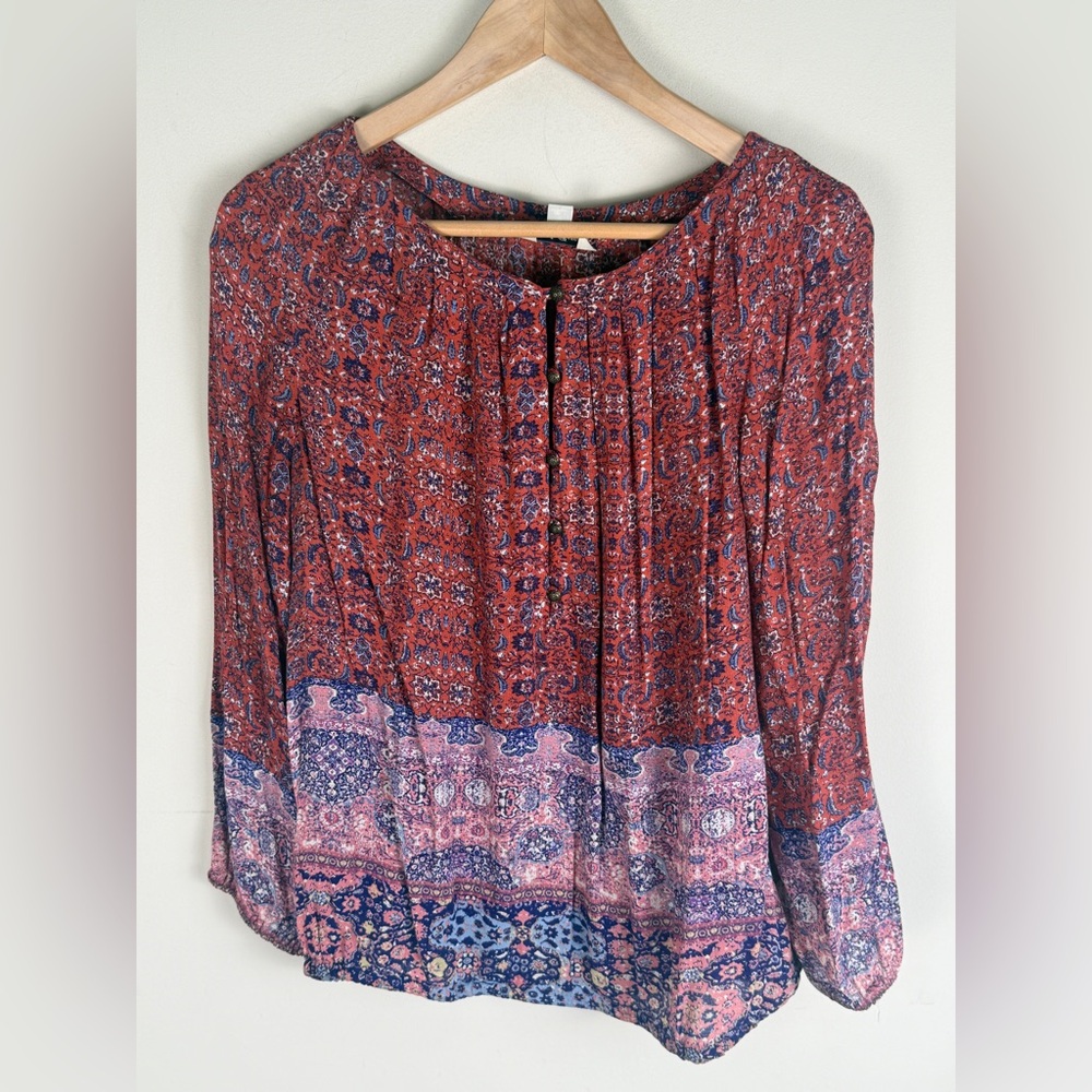 Lucky Brand Women's Tapestry Chiffon Top Red & Blue‎ Peasant Boho Blouse Small